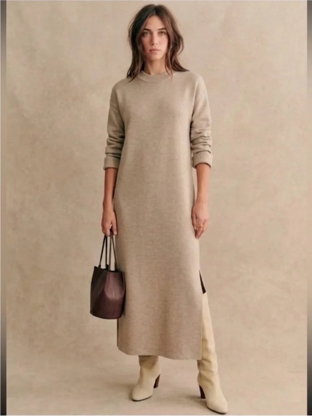 La Maille Sezane Janet in Sandstone Merino Wool Relaxed Sweater Dress